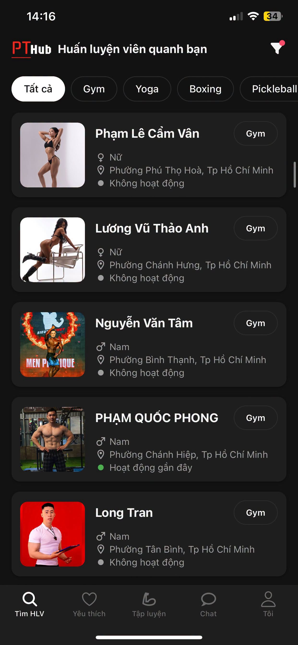 Màn hình PTHub dành cho người tập tìm kiếm huấn luyện viên