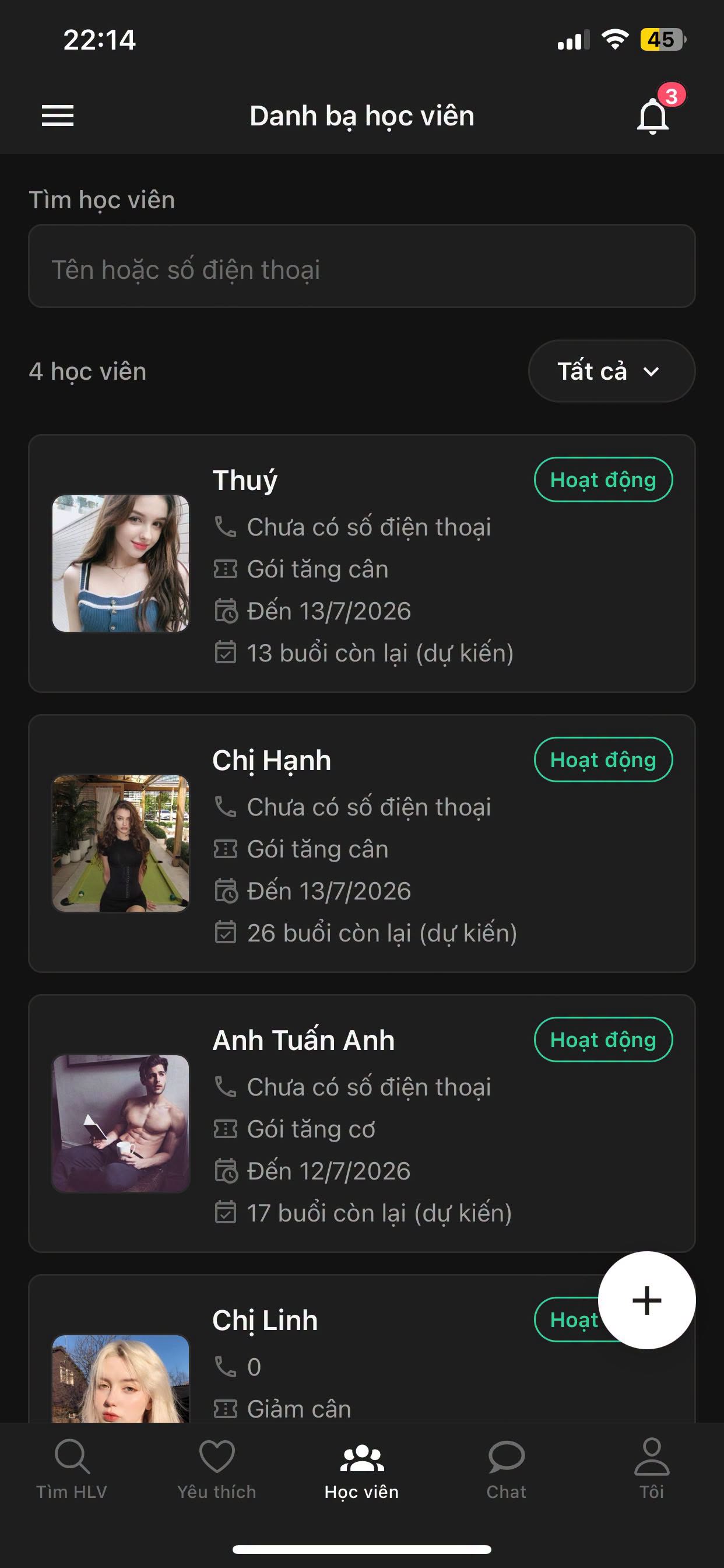 Màn hình PTHub dành cho huấn luyện viên quản lý học viên